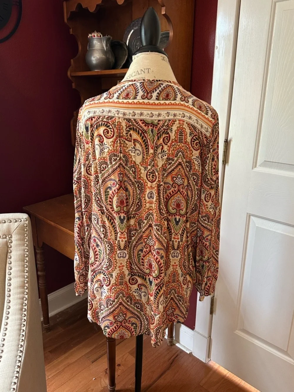 Democracy Paisley Split-Neck Blouse in Red, Cream and Green